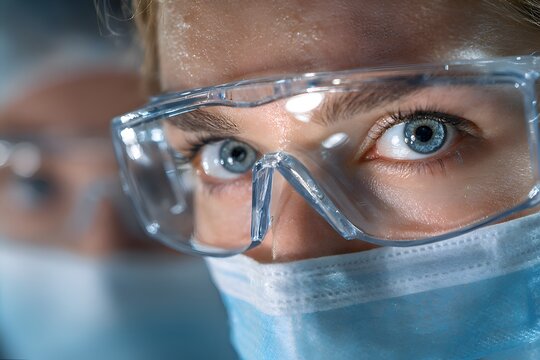 A close up of a healthcare worker with clear safety glasses and a surgical mask looking intently with bright blue eyes after hard work. - Powered by Adobe