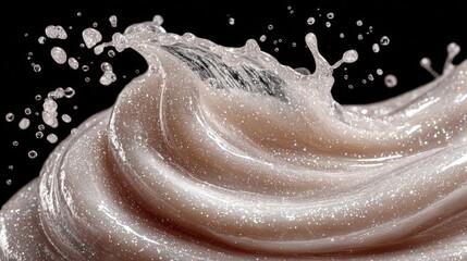 White creamy liquid luminizer on a black background showing the shimmer and glow ideal for face and body highlighting for makeup looks and beauty routines