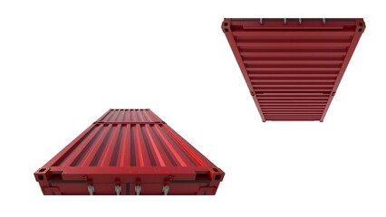 Top View Perspective of Red Shipping Container Mockup, Isolated on White Background, Industrial Cargo Roof Detail
