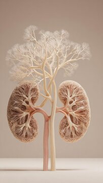 An anatomical illustration of two kidneys with a central branching vascular tree. Concept Kidneys, Central vascular tree, Renal arteries and veins, Anatomical illustration, Human anatomy