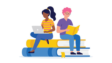 Diverse young people studying on stacked books with laptop and textbook