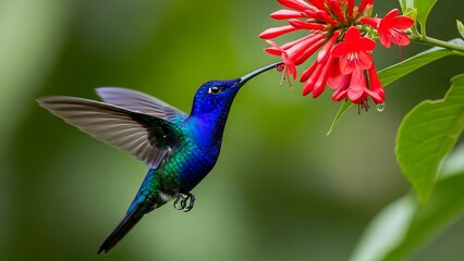 Hummingbird feeding on red flower.
