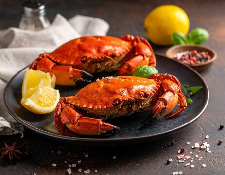 Delicious cooked crabs on plate with lemon herbs and spices