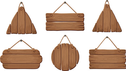Rustic Set of Six Hanging Wooden Signs in Various Shapes (Circle, Triangle, Rectangle) Suspended by Rope Vector Illustration.
