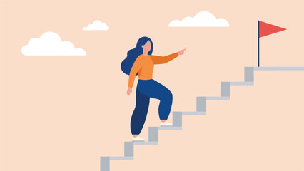 Ambitious woman climbing stairs towards success and reaching goals concept