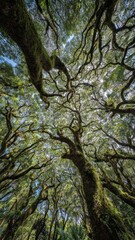 Obraz premium Looking up through a mossy forest canopy, tangled branches weave a green lattice overhead. Concept Mossy forest canopy, Green lattice overhead, Sunlight through leaves, Nature exploration imagery