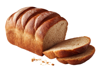 A loaf of whole wheat bread with several slices cut out and crumbs scattered isolated on a transparent background