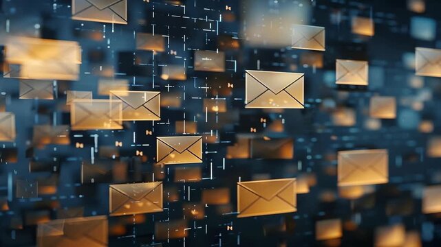 Futuristic Digital Envelopes Glowing Icons in Network of Email Communication and Data Exchange, Illuminating Connectivity and Technology Advancement in Virtual Space