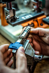 Professional locksmith repairs or tests door lock cylinder