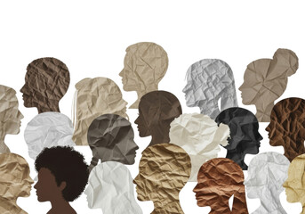 Diverse human head silhouettes in profile, textured crumpled paper symbolizing varied skin tones, against a transparent background with copy space, concept of cultural diversity and global unity