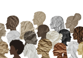 Diverse human head silhouettes in profile, textured crumpled paper symbolizing varied skin tones, against a transparent background with copy space, concept of cultural diversity and global unity