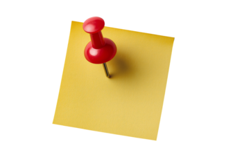 A bright yellow sticky note is secured by a shiny red push pin isolated on a transparent background office supplies