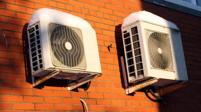 Two air conditioner units on red brick wall covered in snow under winter sun &mdash; ideal for urban infrastructure, heating systems and seasonal maintenance content.