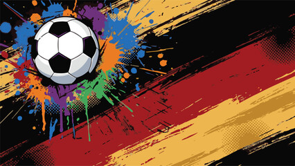Football on grunge German flag background with vibrant paint splatters