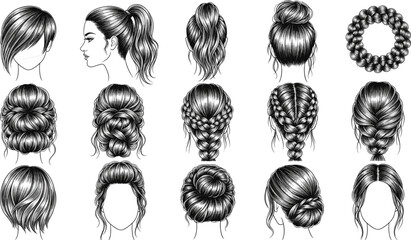 Hand drawn vector illustration set of elegant women's hairstyles including complex braids, crown braids, messy buns, ponytails, and bridal updos in detailed black ink sketch style. © Hosneara