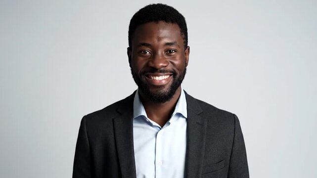 Portrait of a smiling African American man in a suit, with a light blue shirt
