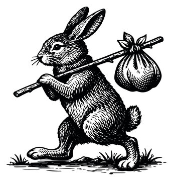 Vintage hand drawn line art illustration of a rabbit depicting a journey with a bindle on a stick for travel and adventure concepts