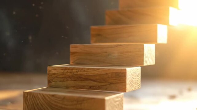 Wooden steps leading up, bathed in warm light, suggesting progress and a journey upwards.