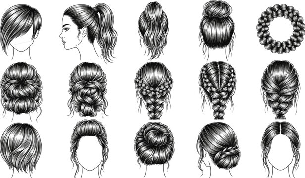 Hand drawn vector illustration set of elegant women's hairstyles including complex braids, crown braids, messy buns, ponytails, and bridal updos in detailed black ink sketch style.