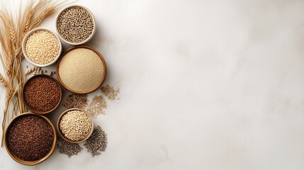 Assorted grains and cereals in bowls on light background