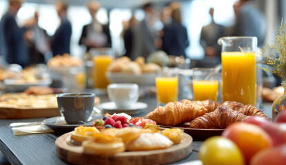 Large breakfast table set with fresh croissants, fruit, orange juice, coffee, and pastries in a bright dining room with people socializing in the background