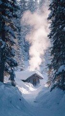 Snowy forest cabin with smoke rising from the chimney along a winding snow path. Concept Snowy forest cabin, Smoke rising from chimney, Winding snow path, Wintry glow, Cozy rustic winter scene