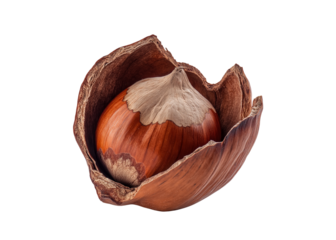 Close up realistic photograph of a single open hazelnut revealing its smooth brown kernel and textured shell isolated on a transparent background
