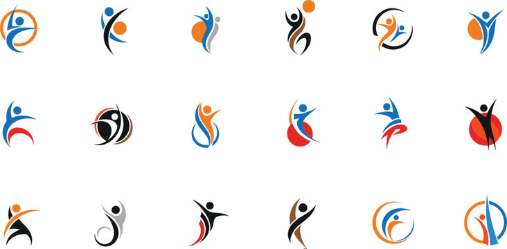Collection of abstract human figure logos representing community success health and teamwork in dynamic motion poses isolated on white background for branding.