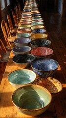 Fototapeta premium A long row of colorful ceramic bowls lined up along a wooden table in a sunlit dining area. Concept Colorful ceramic bowls, Wooden table setting, Sunlit dining area, Long row display
