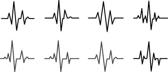 Set of Eight Heartbeat Pulse Line Vector Icons Representing ECG, EKG, Sound Waves, and Health Monitoring for Medical, Fitness, and Technology Design.