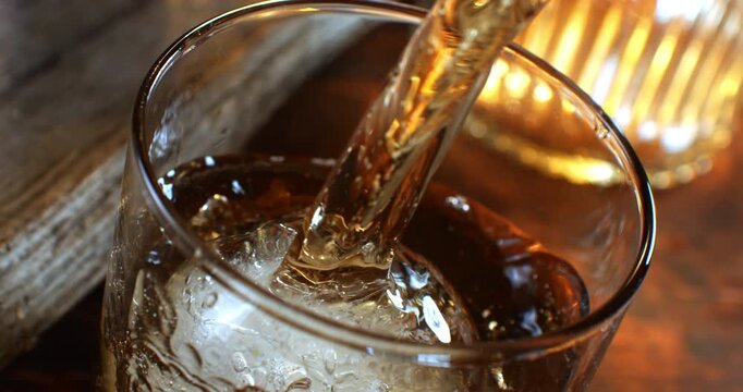 Slow Motion 1000fps Pouring Whiskey Or Dark Spirits Into Elegant Glass With Ice Ball, Premium Alcohol, Rustic Wooden Table, Macro Close Up