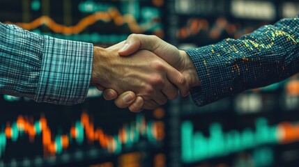 Businessmen shaking hands, stock market background, deal, finance