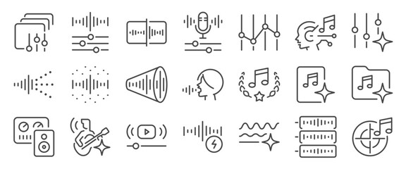 AI sound mastering icon set. It included music, mixer, equalizer, digital, and more icons. Editable Vector Stroke.