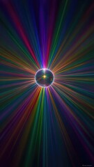 Disco ball glowing with multicolored rainbow light beams spreading outward. Concept Disco ball glow, Multicolored rainbow beams, Radial light rays, Glam party lighting
