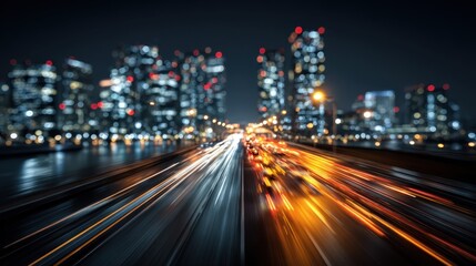 Fototapeta premium City lights shine brightly at night as traffic moves through tall buildings, creating a blur of color and motion on a busy urban street
