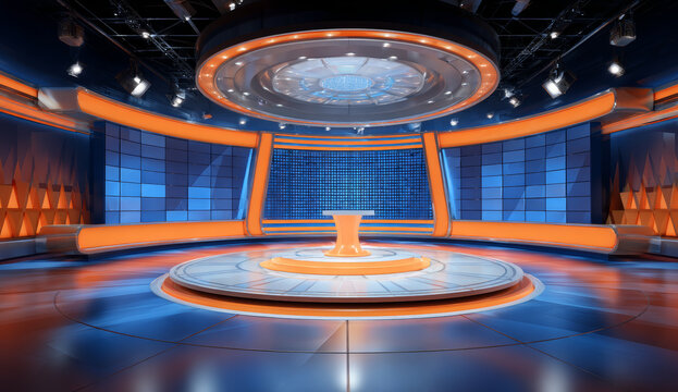 Large tv game show studio with a modern circular stage, vibrant blue and orange color scheme, illuminated backdrop, sleek podium, and futuristic lighting design