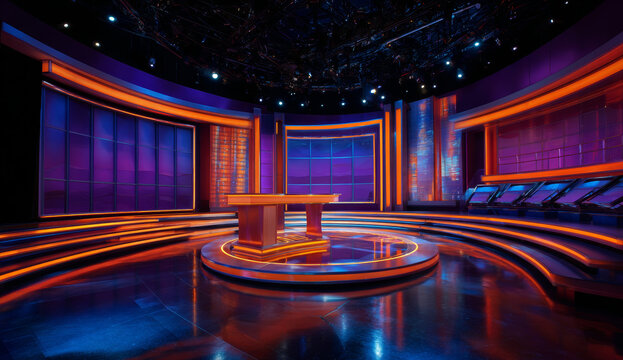 Large tv game show studio with an empty wooden podium, vibrant purple and orange lighting, modern curved stage design, and high-tech backdrop