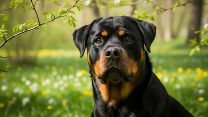 Rottweiler dog in green grass field.