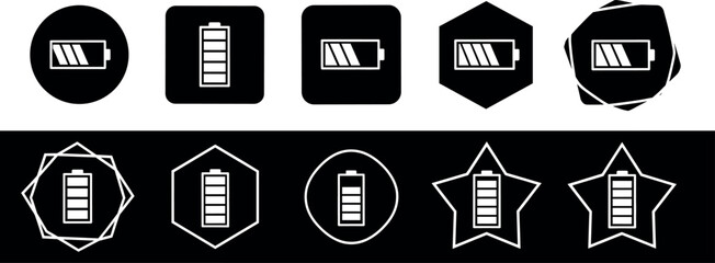 Set of Ten Black and White Battery Charge Level Icons in Various Shapes, Ideal for Technology, Energy, Power, Device Status, and UI Design Elements.