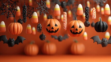 Festive Halloween decorations with pumpkins, candy corn, bats, spiderwebs, and more for a seasonal celebration