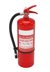 Bright red fire extinguisher, black hose, white label with text, on transparent isolated background, studio lit, UHD photorealistic product photography, industrial safety concept