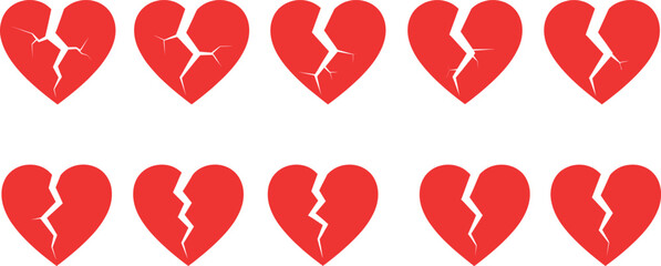 Set of Ten Red Broken Heart Vector Icons Symbolizing Breakup, Sadness, Divorce, Pain, and Loss, Ideal for Emotional and Relationship-Themed Graphics.