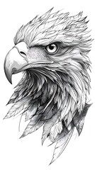 Black white eagle portrait sketch powerful bird head fierce look ink feathers detailed illustration drawing