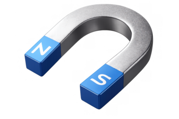 Horseshoe magnet generating magnetism, showing north and south poles, demonstrating attraction and force for scientific concepts