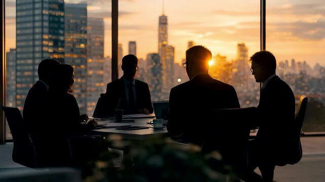 Business leaders meeting at sunset inside modern office with city skyline view, strategic discussion, executive teamwork and corporate decision making