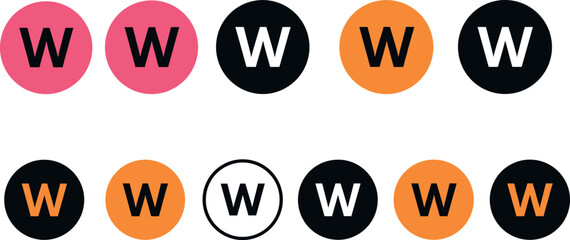 Set of Ten WWW Web Internet Icons in Circles with Various Colors, Perfect for Website Design, Technology, Communication, and Global Network Symbols.