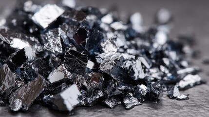 Dark mineral crystals are arranged on a textured surface highlighting their unique shapes and reflective surfaces in natural light