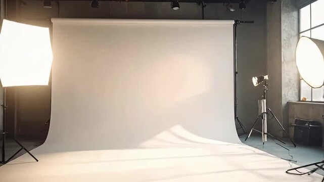 Empty photography studio setup with lighting equipment and a white backdrop.