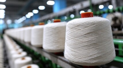 White spools of thread in a textile factory during the day