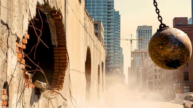 Demolition ball smashing brick wall in urban construction site with dust clouds and city buildings, powerful destruction during redevelopment work